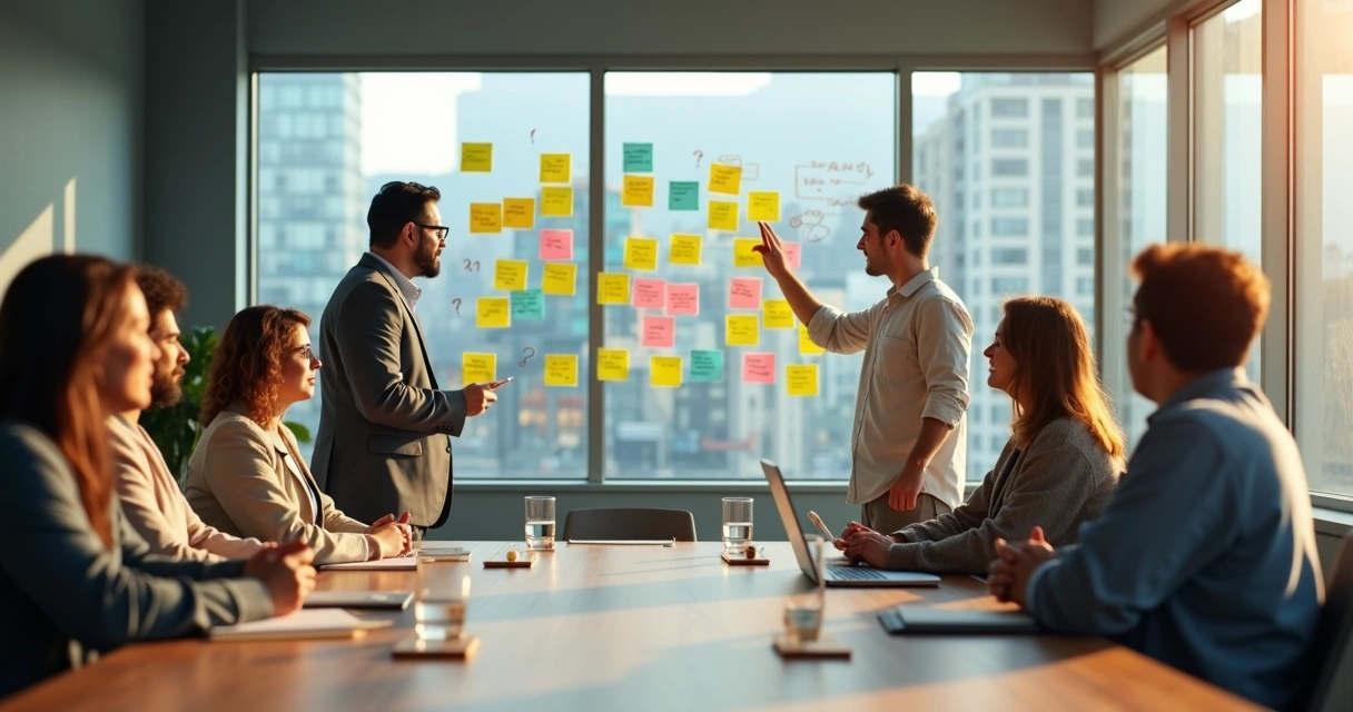 Equipe em sala ampla colaborando em volta de parede cheia de post-its coloridos 