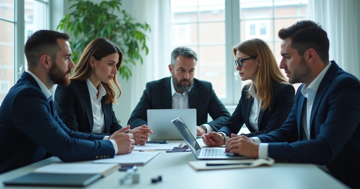 Equipe multidisciplinar de peritos reunida em sala de reuniões 