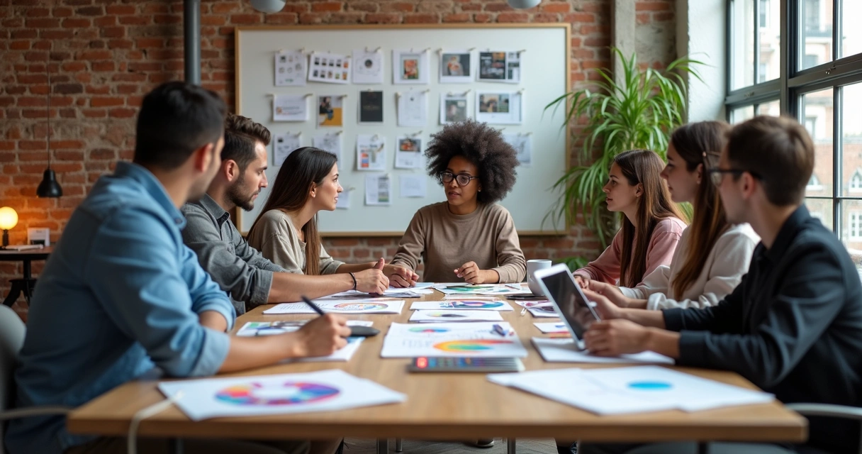 Equipe reunida discutindo referências de identidade visual 