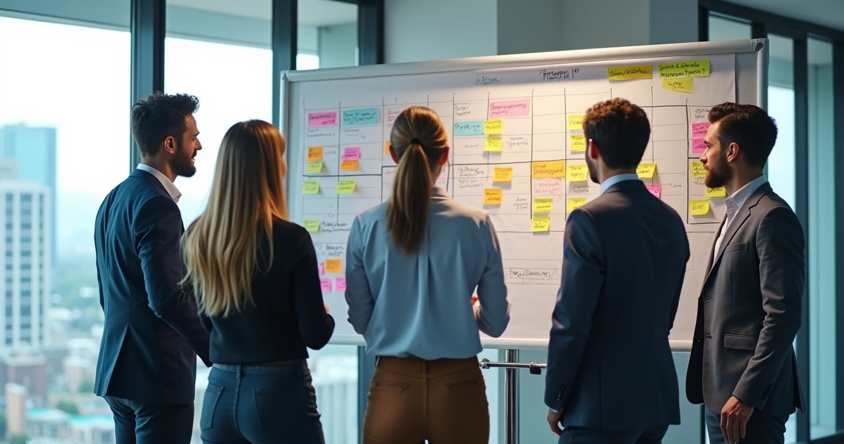 Equipe de vendas discutindo etapas de oportunidades em quadro branco 