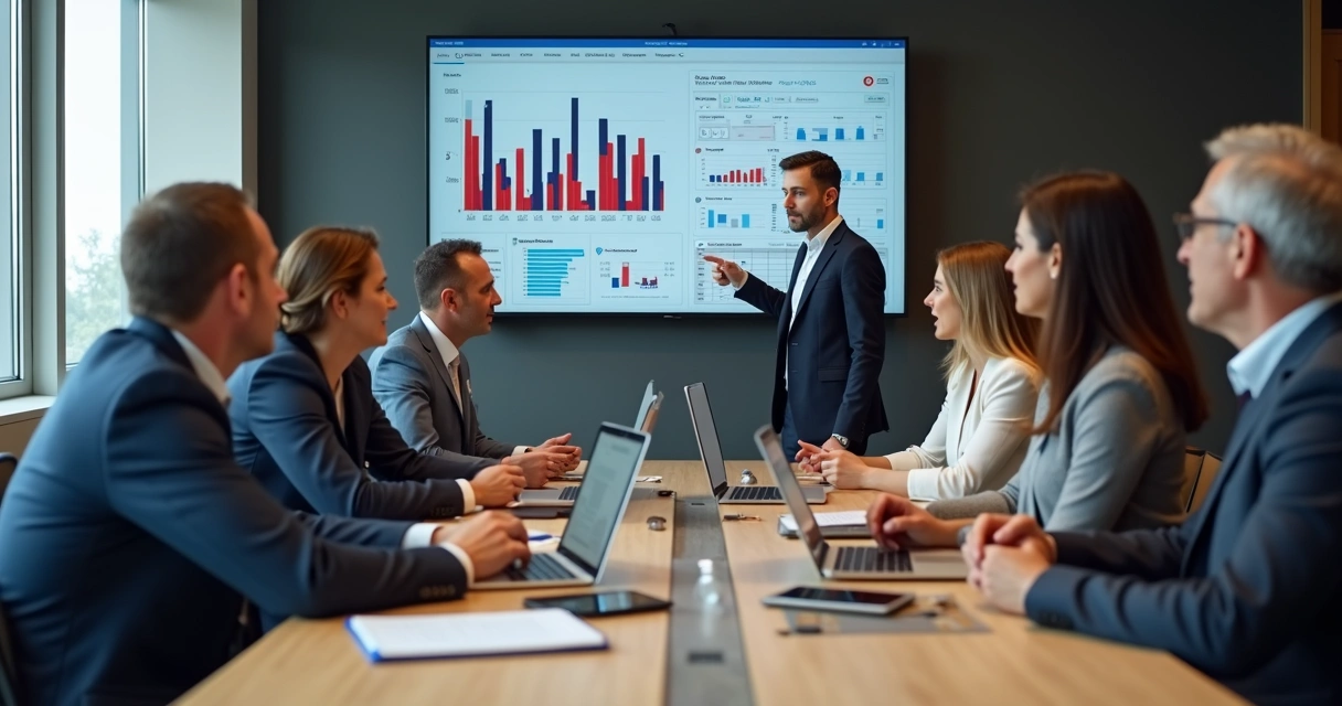 Reunião de equipe política em sala de reuniões analisando dados em computadores 