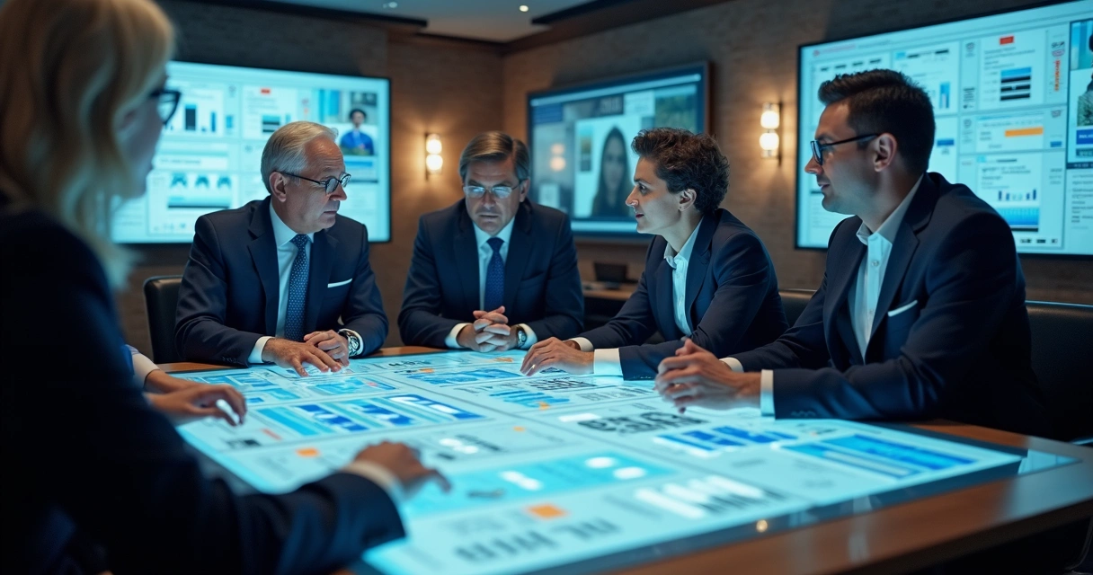 Equipe de gabinete político reunida em torno de uma mesa digital interativa 