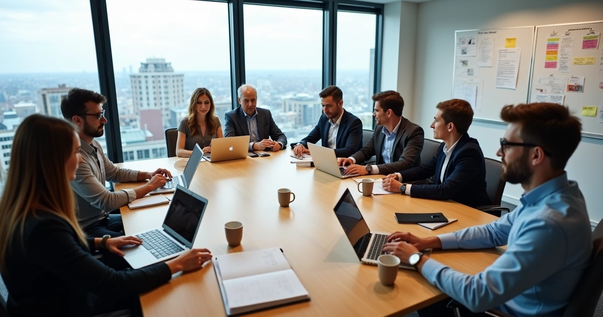 Equipe política reunida usando tablets e computadores durante planejamento