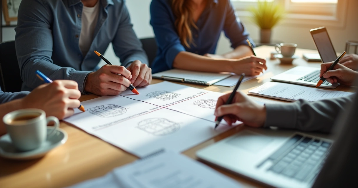 Equipe pequena reunida em sala preenchendo matriz SWOT em folhas 