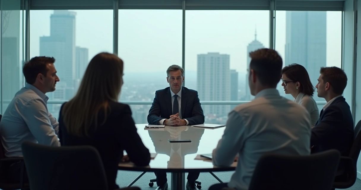 Equipe preocupada em reunião, olhando para o líder, ambiente corporativo