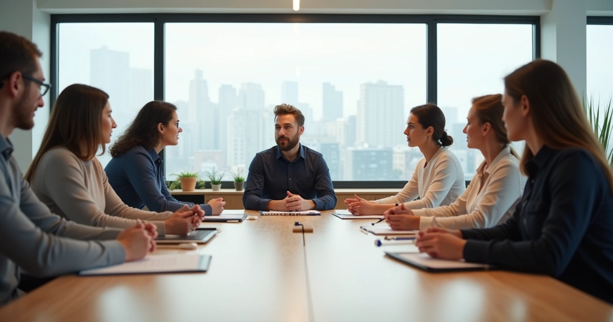 Equipe em reunião de trabalho com foco em presença consciente ao redor da mesa 