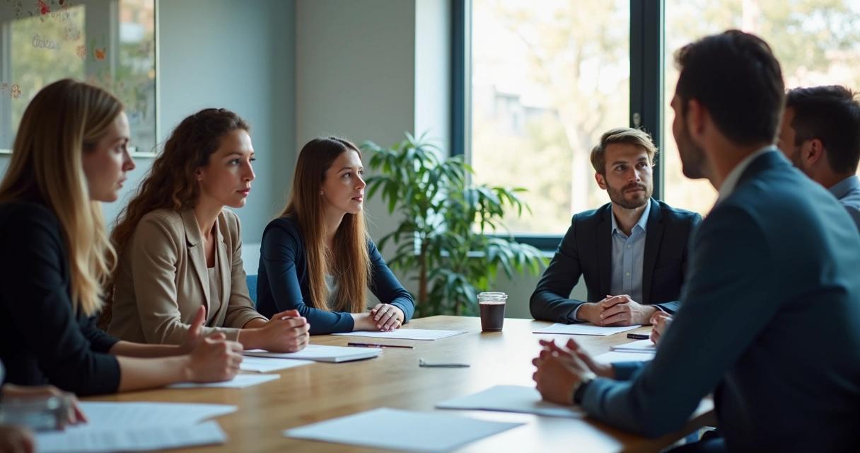 Equipe reunida ao redor de uma mesa, todos atentos ao colega que fala 
