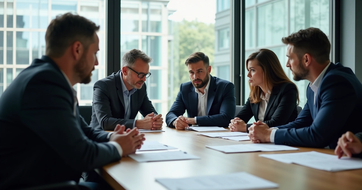 Equipe reunida em sala de reunião sob pressão, rostos atentos e sérios 