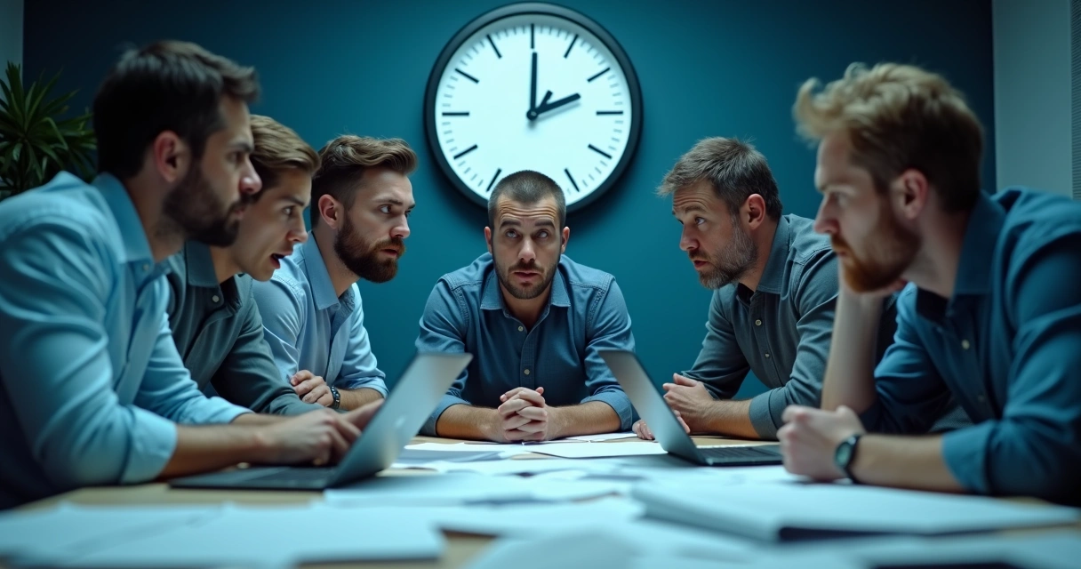 Equipe reunida ao redor de mesa com expressões preocupadas, documentos espalhados e relógio mostrando horário próximo de prazo 