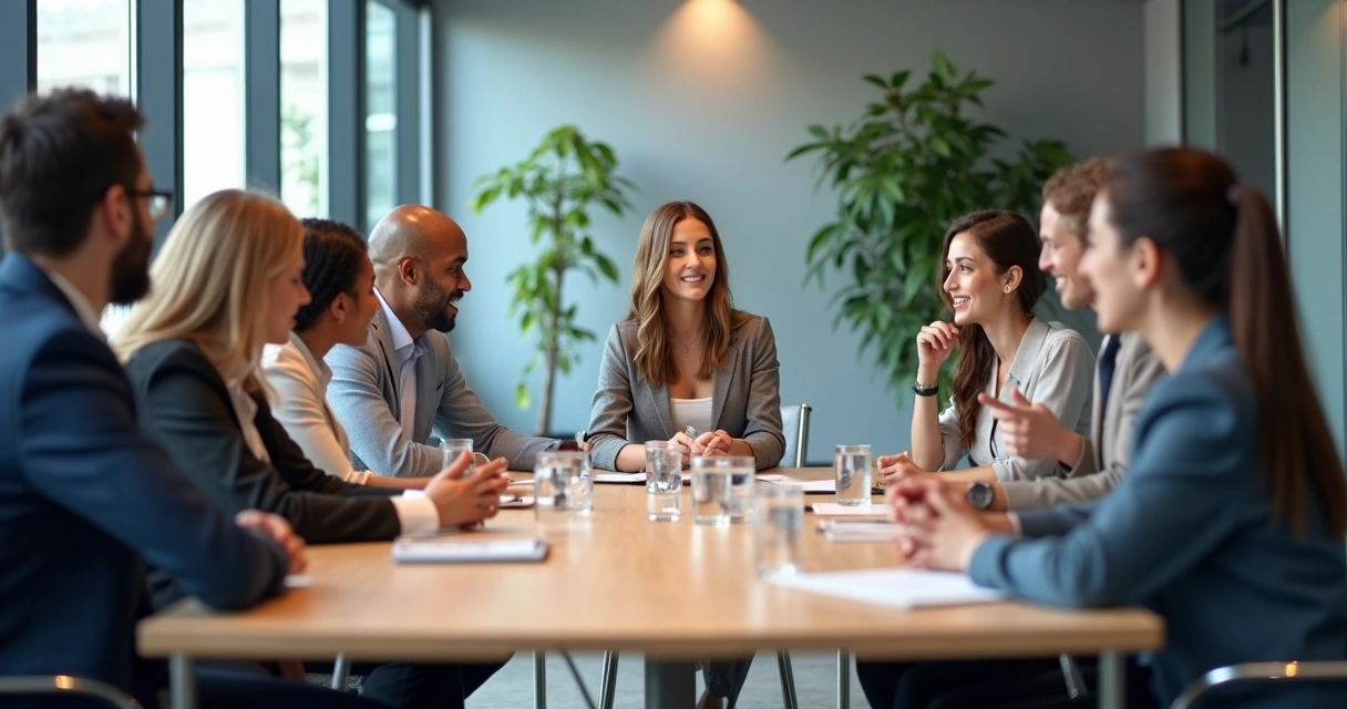 Equipe profissional reunida ao redor de uma mesa de reuniões