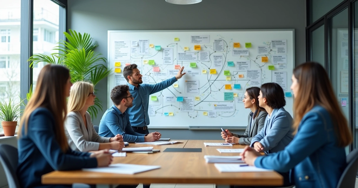 Equipe reunida analisando fluxos e relações de um projeto