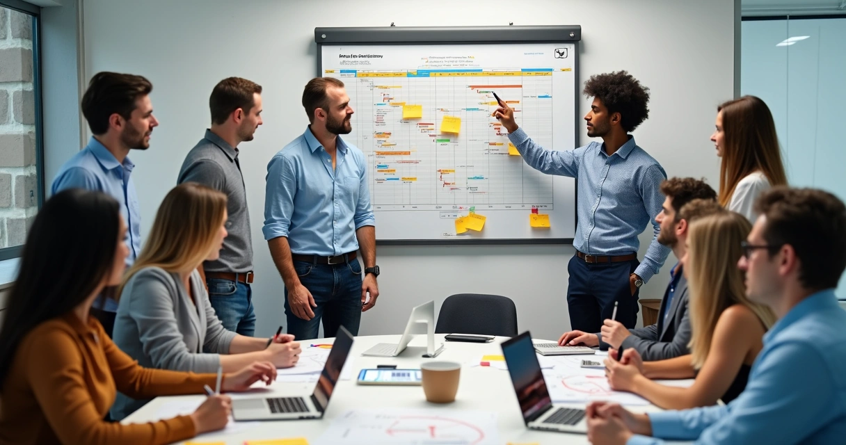 Equipe de projeto discutindo tarefas e prazos