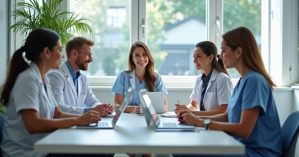 Equipe reunida em reunião em clínica odontológica, discutindo rotinas ao redor de mesa 