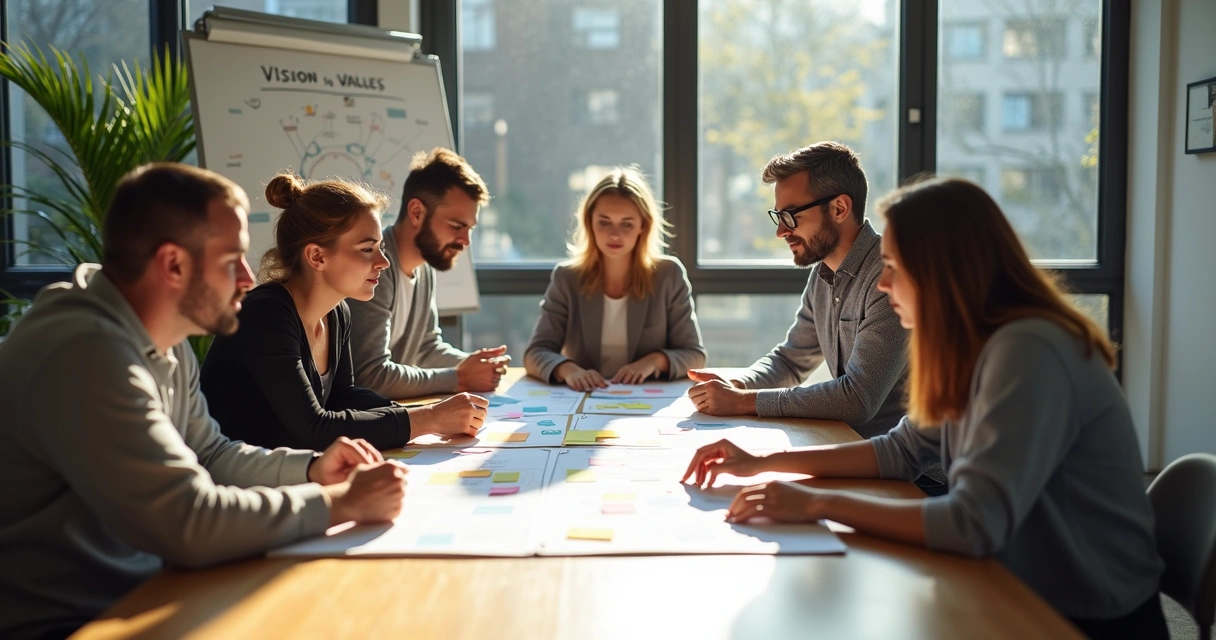 Equipe reunida refletindo sobre valores organizacionais 