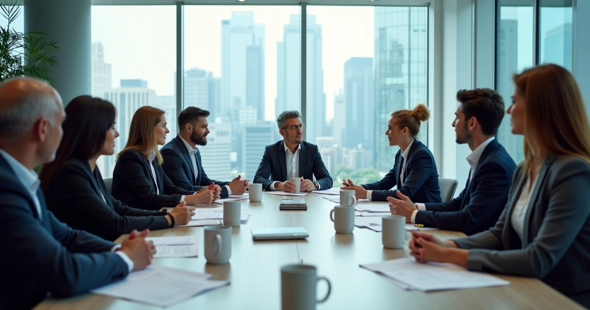 Grupo de profissionais sentados ao redor de uma mesa discutindo uma situação ético-profissional 