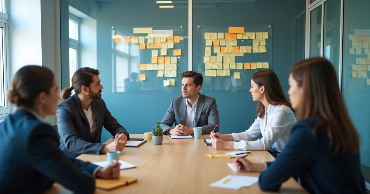 Equipe em reunião observando notas e expressões concentradas 