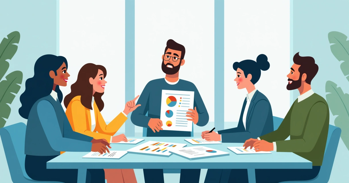 Equipe reunida analisando relatório de projeto