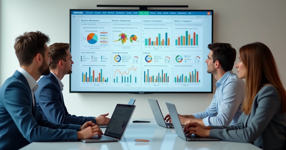 Equipe em reunião analisando relatório de vendas em CRM 