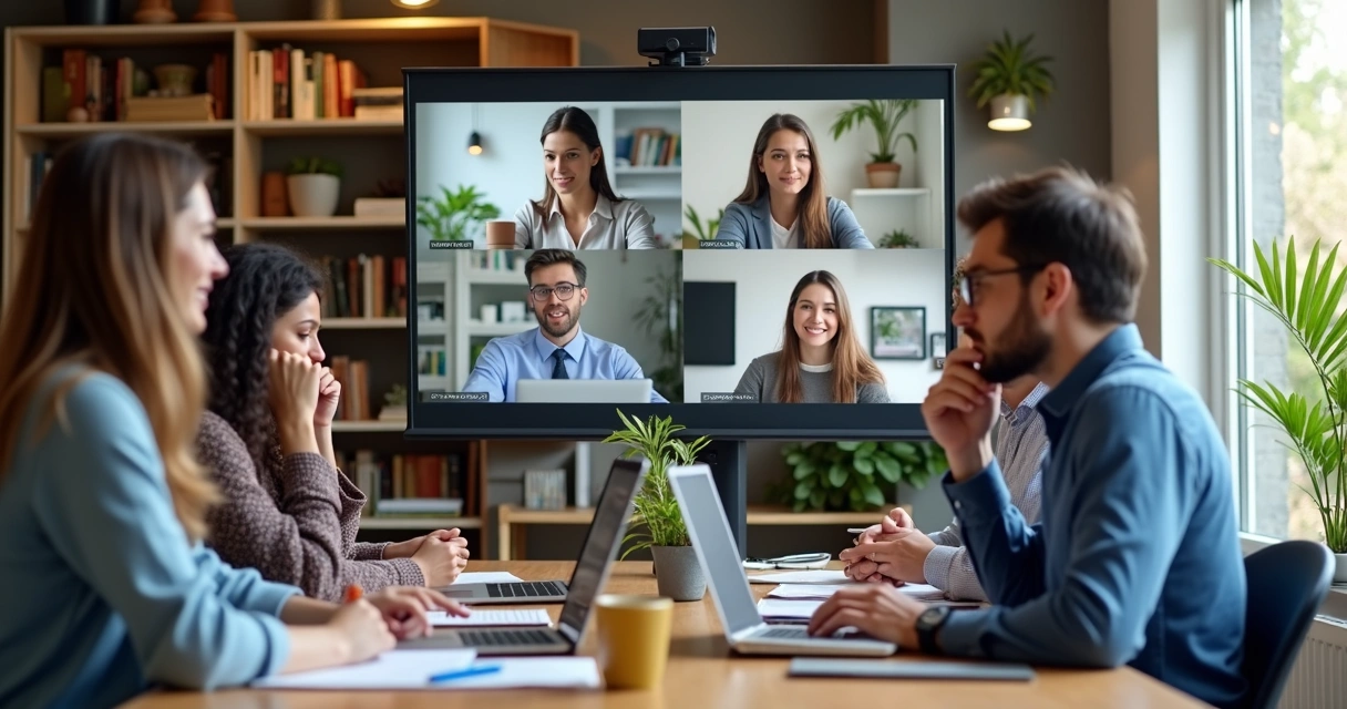 Equipe remota em videoconferência, com diferentes pessoas conectadas por tela dividida 