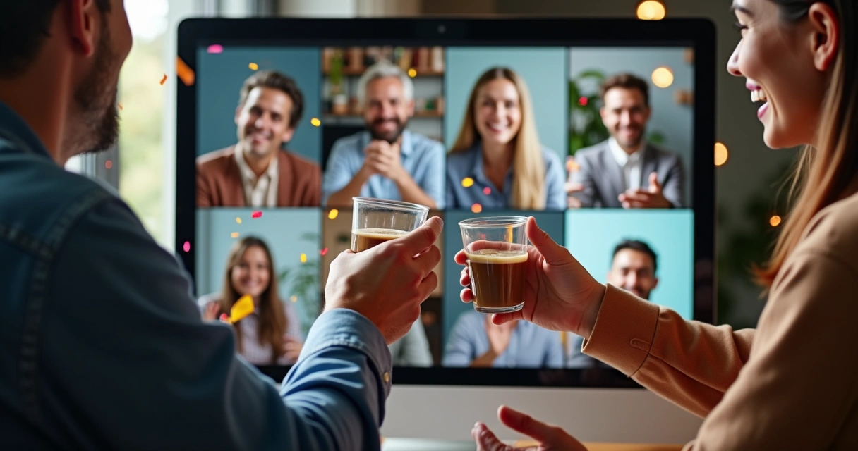 Equipe remota comemorando sucesso em reunião online 