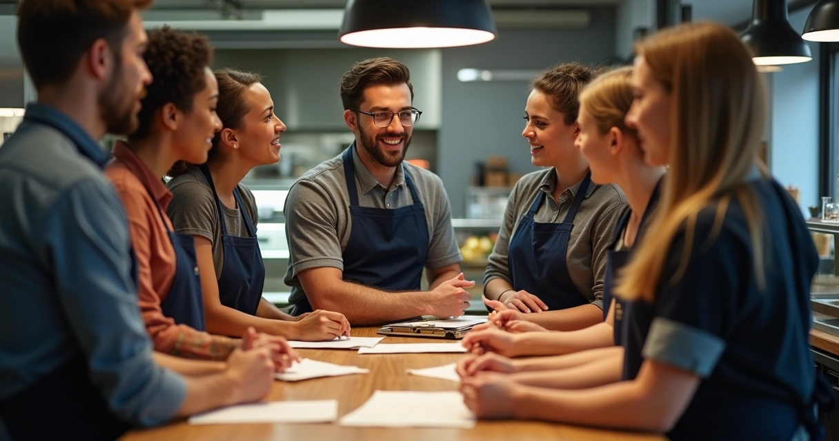 Equipe de restaurante reunida em briefing antes do expediente