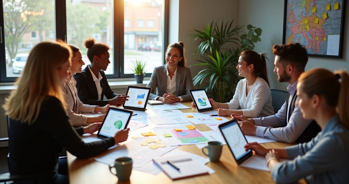 Equipe reunida discutindo estratégias de retorno de clientes em uma sala de reuniões moderna 