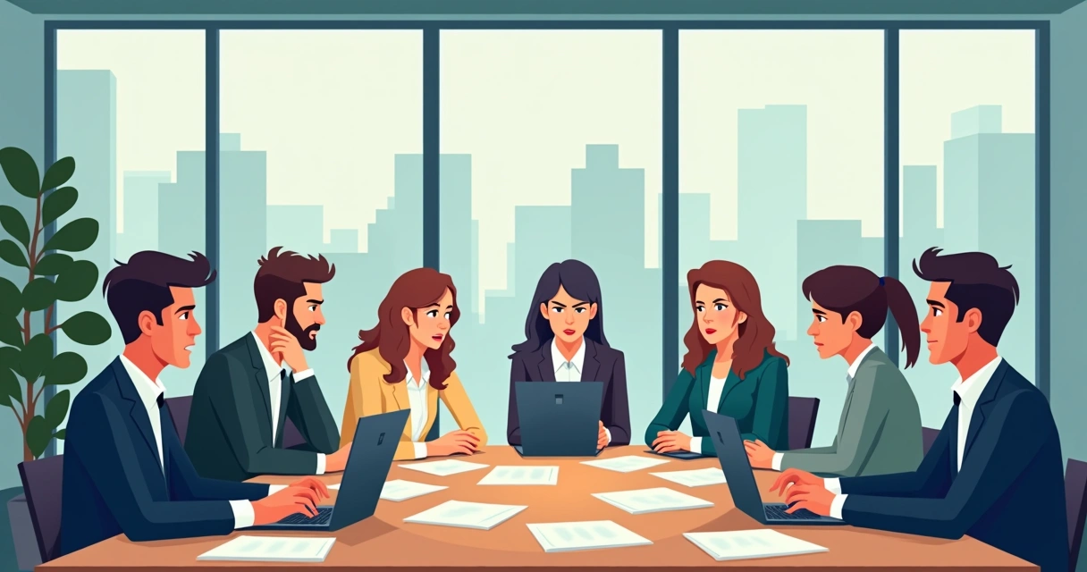 Equipe reunida em volta de uma mesa analisando documentos com expressões de preocupação. 