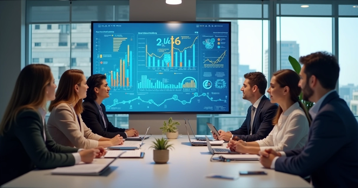 Time de RH em reunião analisando dados digitais em grande tela 