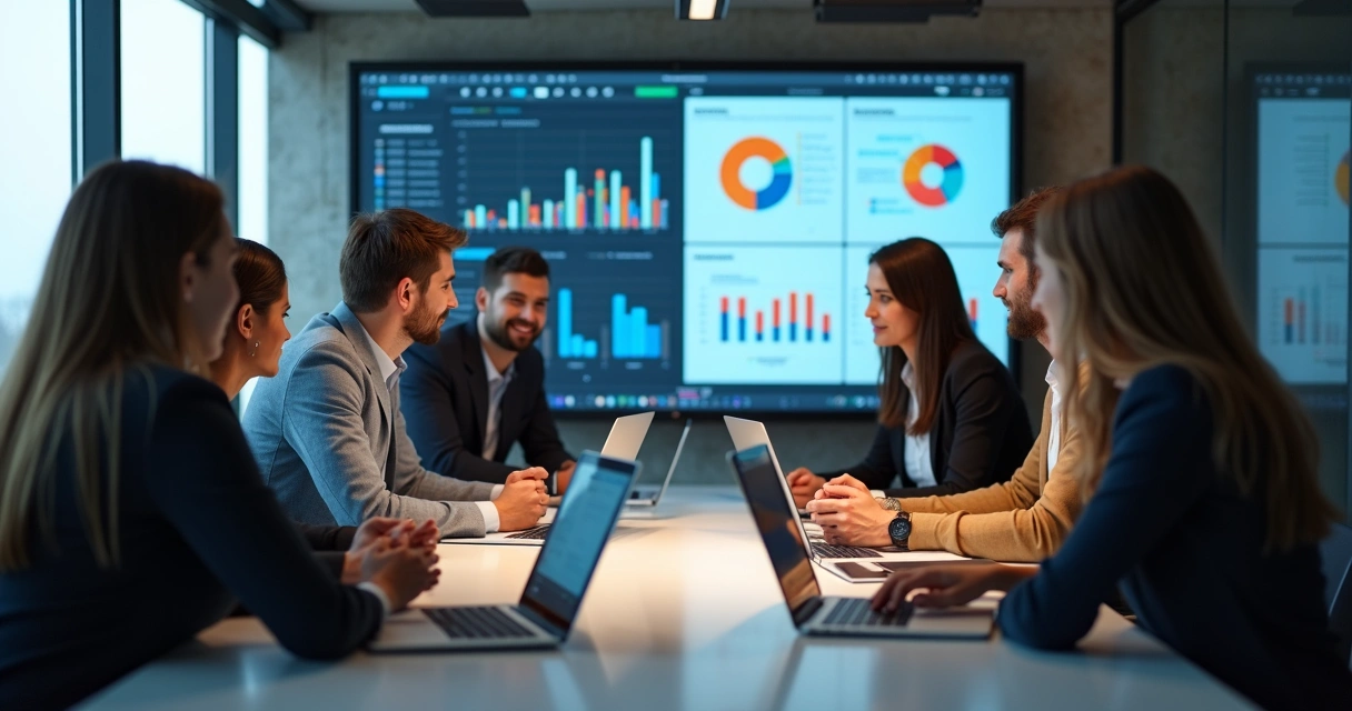 Equipe de RH e TI reunida em mesa com laptops e gráficos