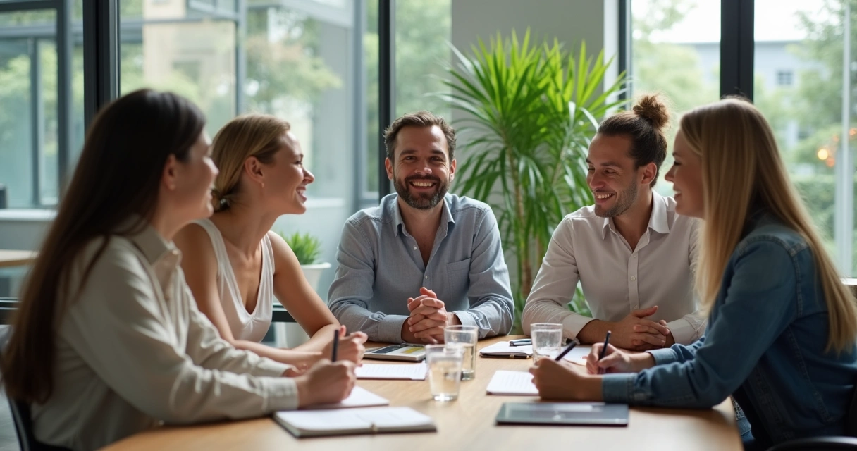 Equipe reunida em ambiente de trabalho saudável 