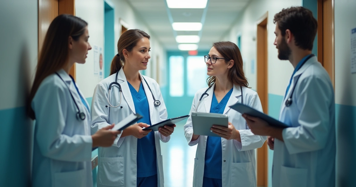 Equipe de saúde em conversa breve dentro do hospital 