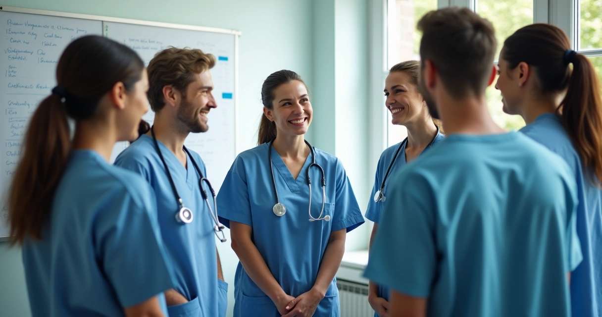 Equipe de saúde reunida em círculo em sala clara, discutindo emoções após plantão, expressão serena 