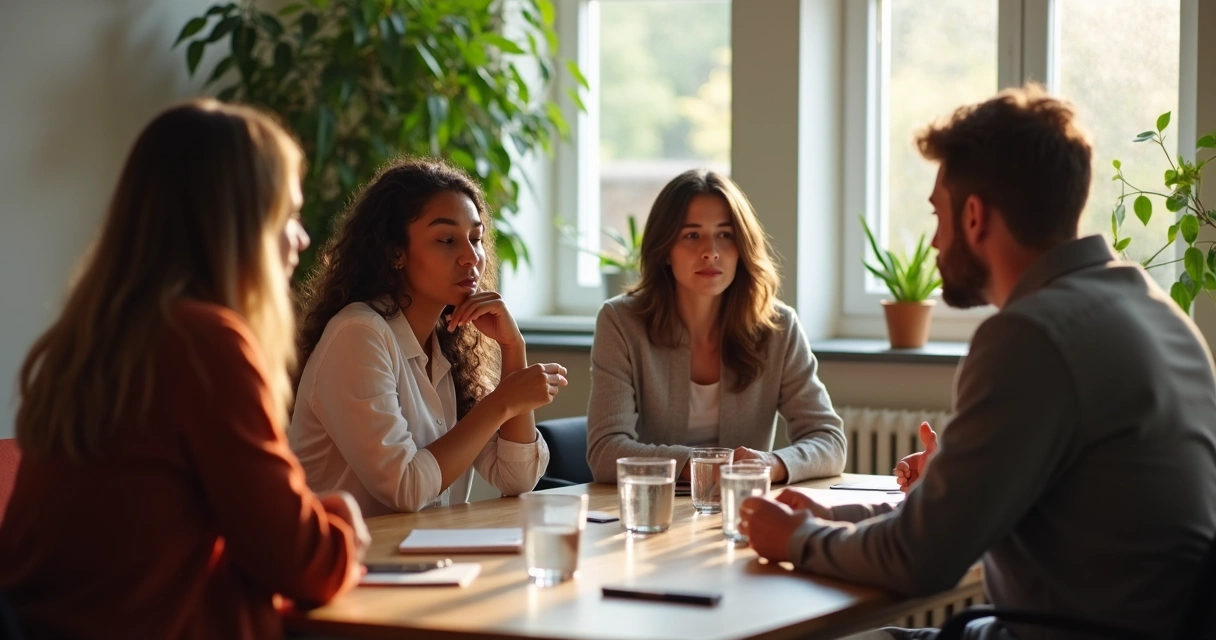 Grupo de profissionais conversando sobre saúde mental no trabalho