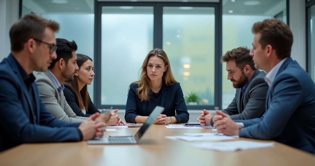 Pessoas em reunião ao redor de uma mesa com expressões sérias. 