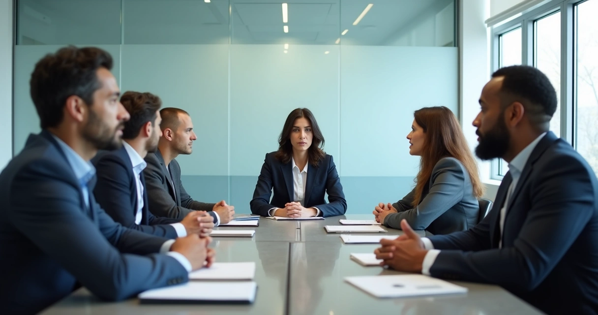 Equipe em reunião com expressões contidas e pouca participação 
