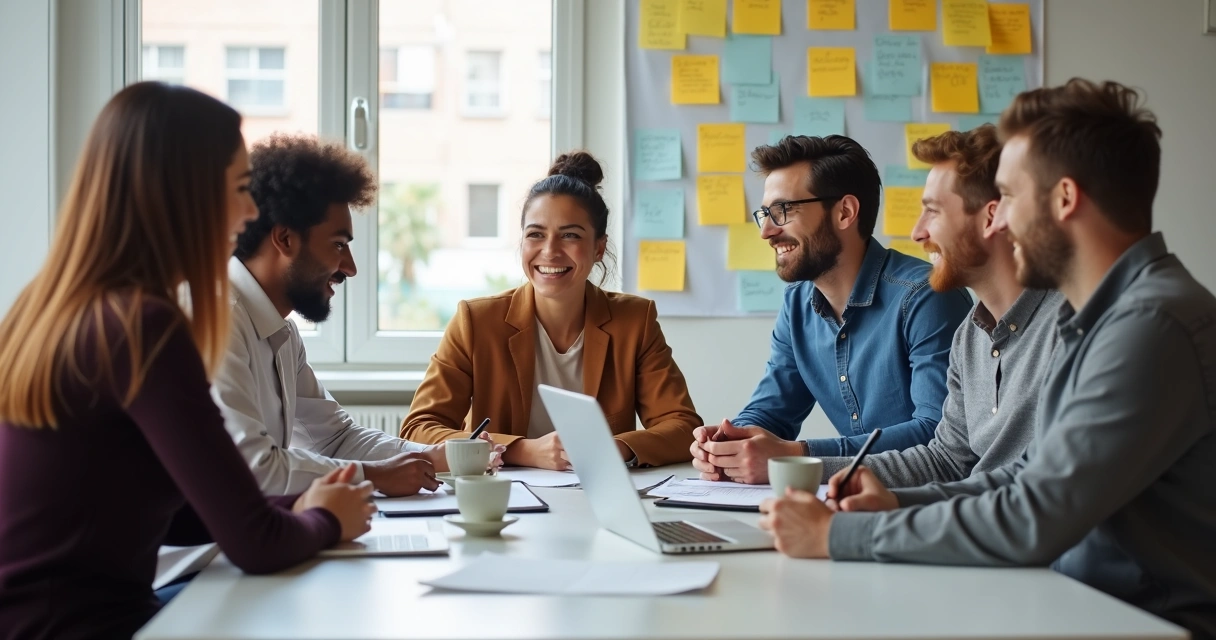 Equipe reunida sorrindo em sala de reunião corporativa