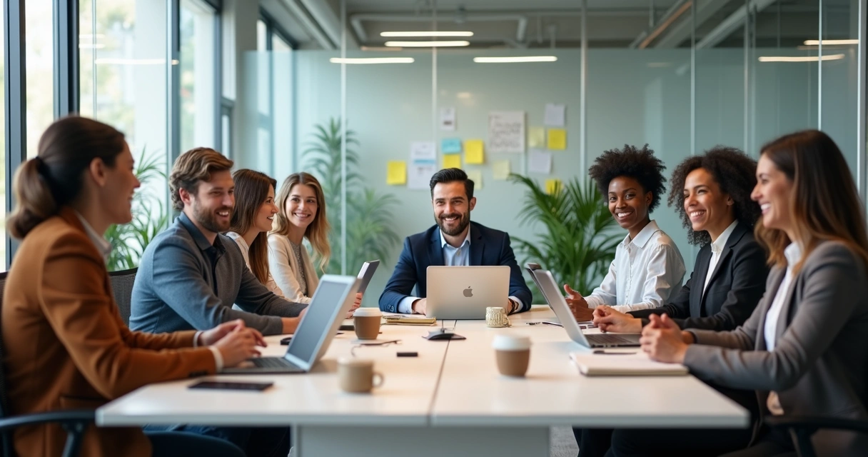 Equipe sorridente reunida em sala de escritório 