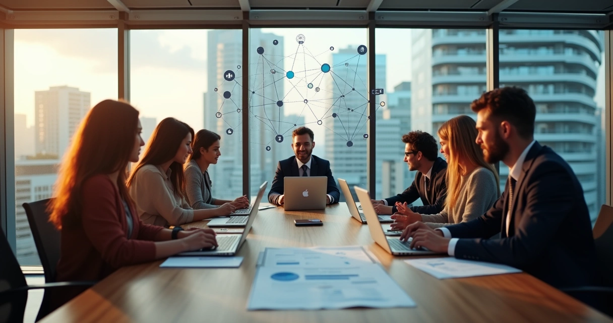 Equipe de tecnologia discutindo estratégia em uma mesa de reunião. 