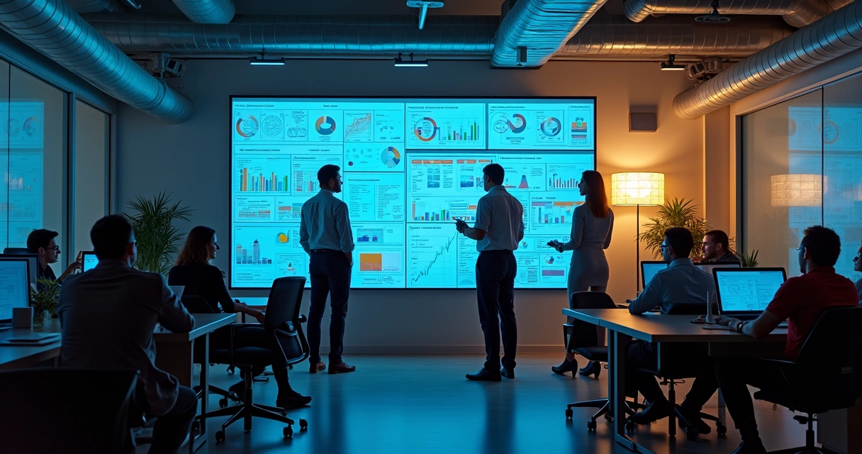 Equipe de tecnologia reunida analisando dados em painéis digitais 