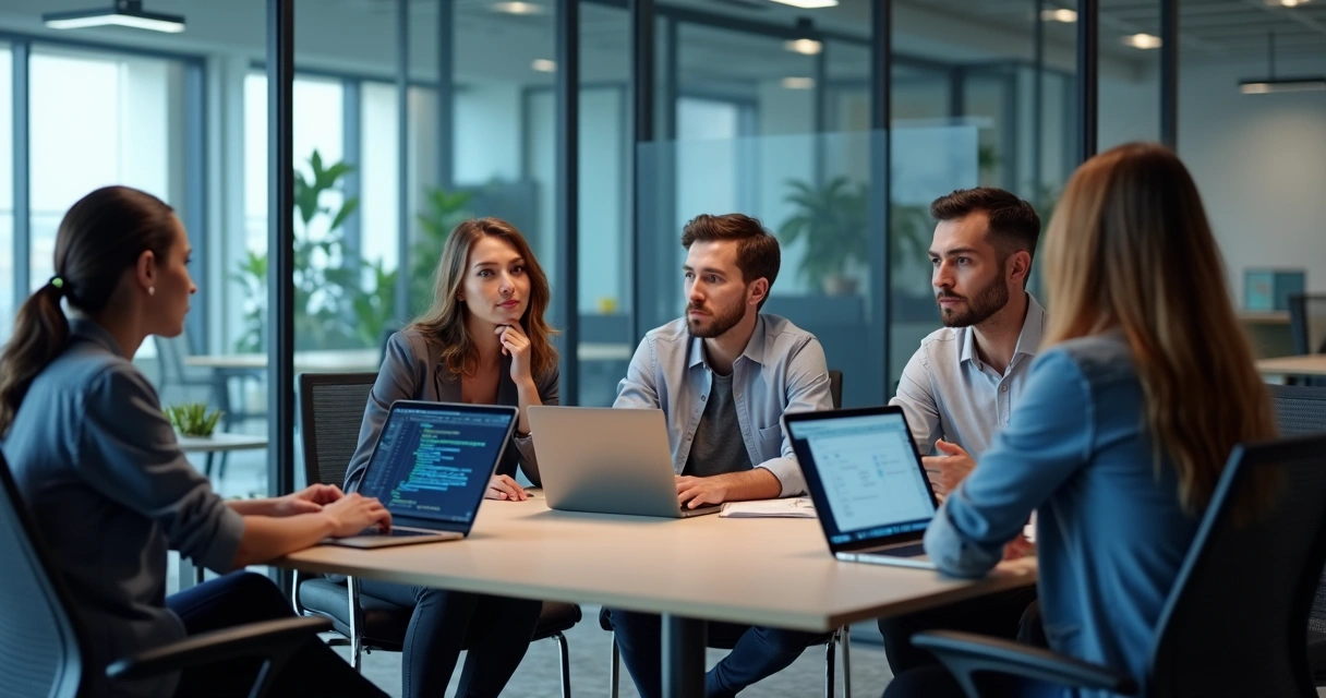 Equipe de tecnologia reunida em escritório moderno