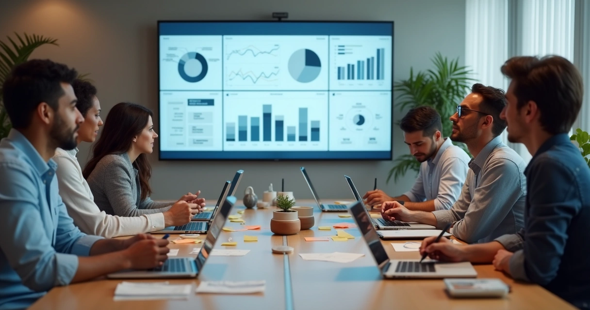 Equipe reunida em sala de reunião moderna, olhando gráficos em uma tela grande 