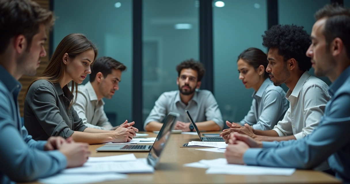 Equipe reunida em sala de reunião, clima tenso, expressão preocupada 