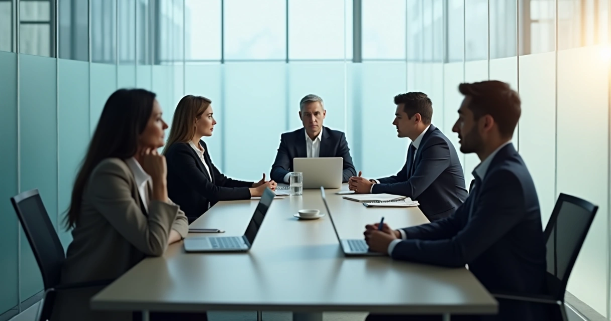 Equipe em reunião tensa com expressão contida