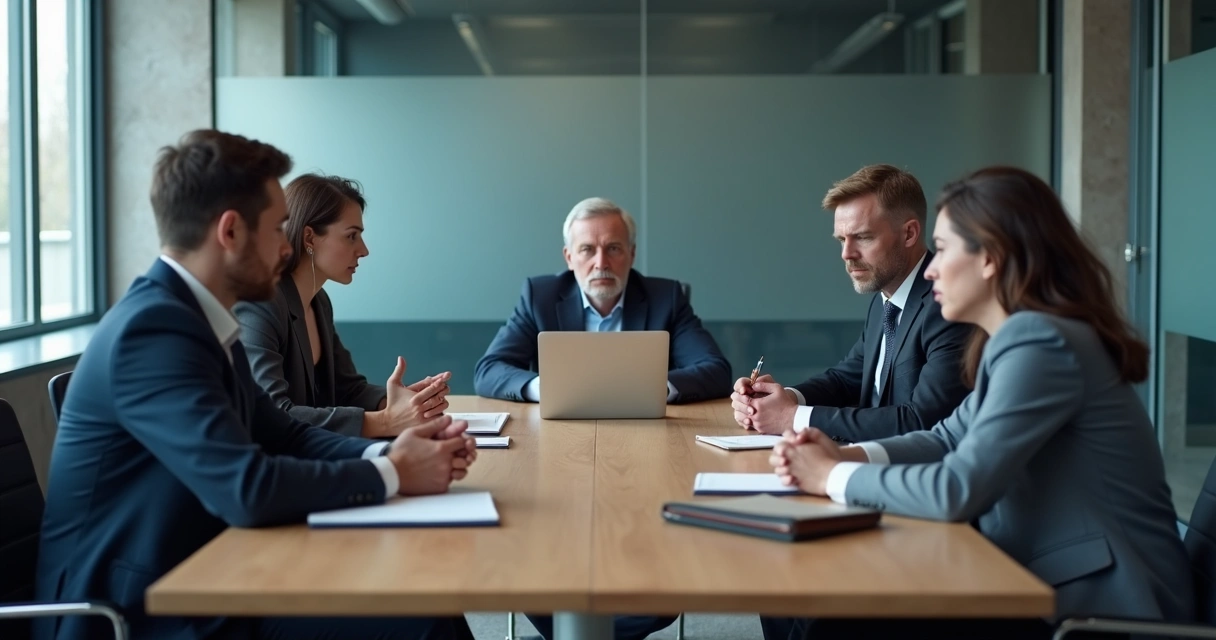 Equipe em reunião com tensão visível e gestor ouvindo