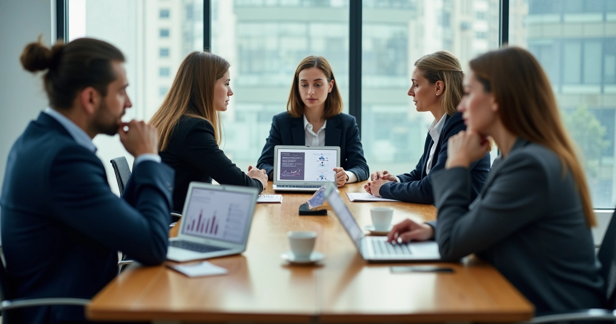 Equipe em reunião com expressões contidas e gestos de desalinhamento