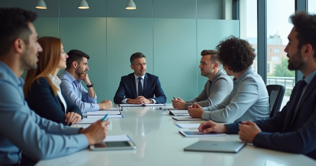 Equipe em reunião com clima de tensão e escuta atenta