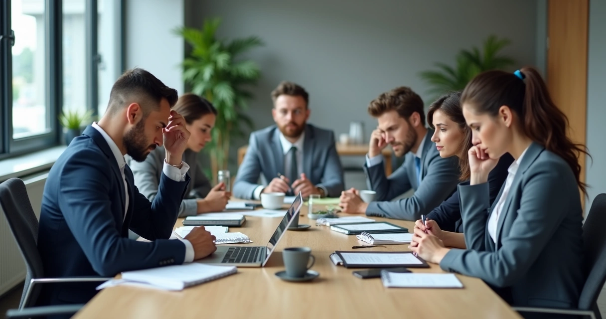 Equipe em reunião observando tensão e cansaço no ambiente