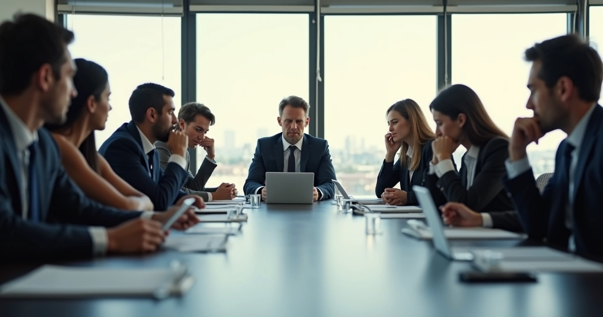 Equipe de trabalho em reunião formal, alguns com expressões tensas