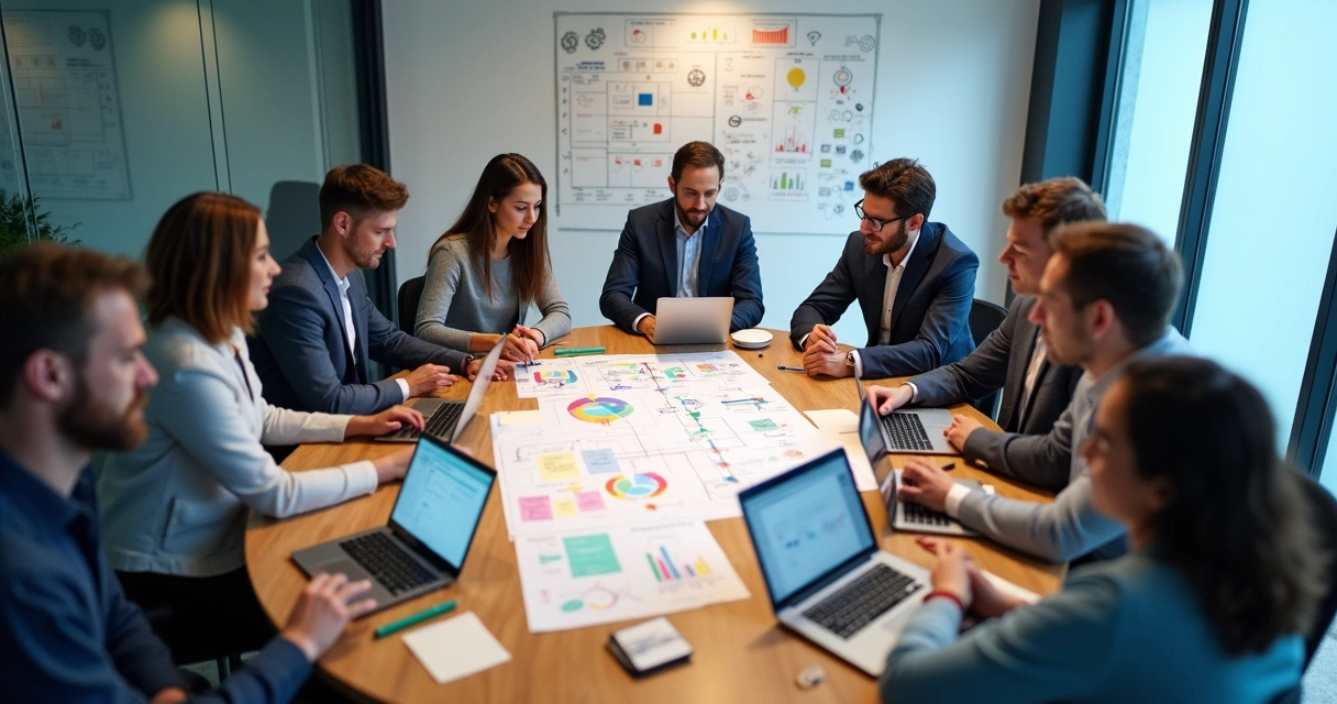 Equipe de TI e operação em reunião colaborativa em torno de mesa redonda 
