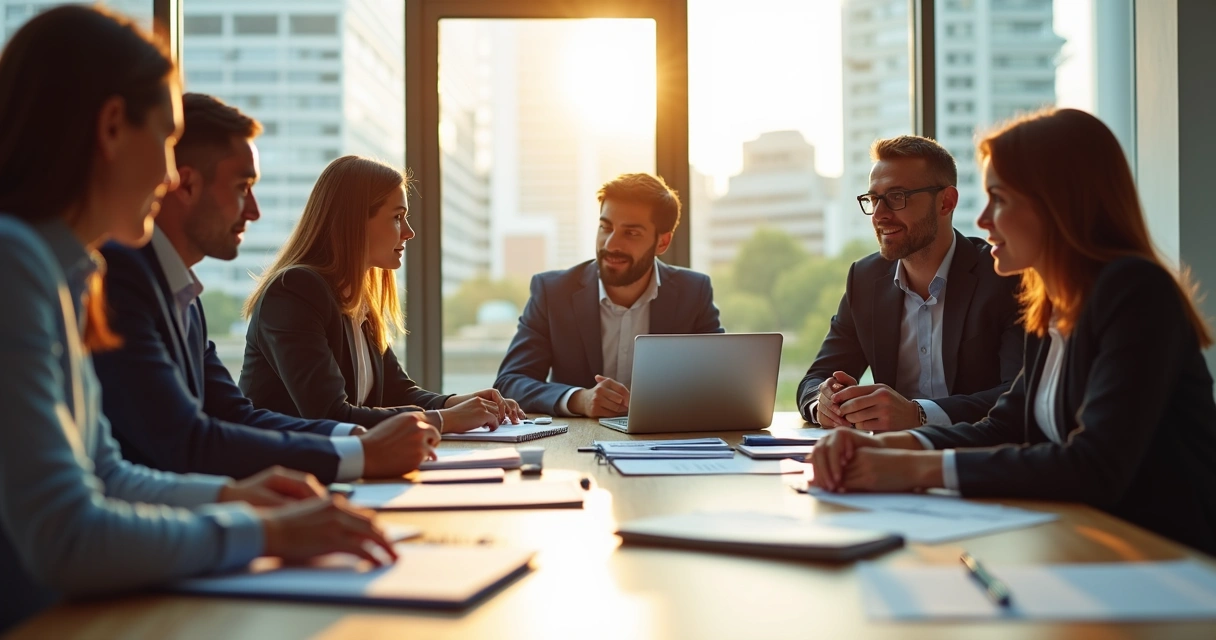 Equipe reunida em sala de reunião corporativa, colaborando de maneira harmoniosa 